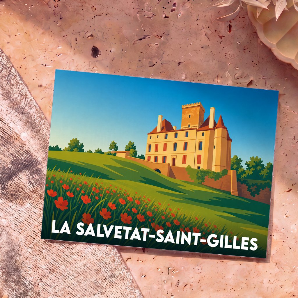 Carte postale souvenir de la ville de La Salvetat-Saint-Gilles avec une illustration stylisée de son château.