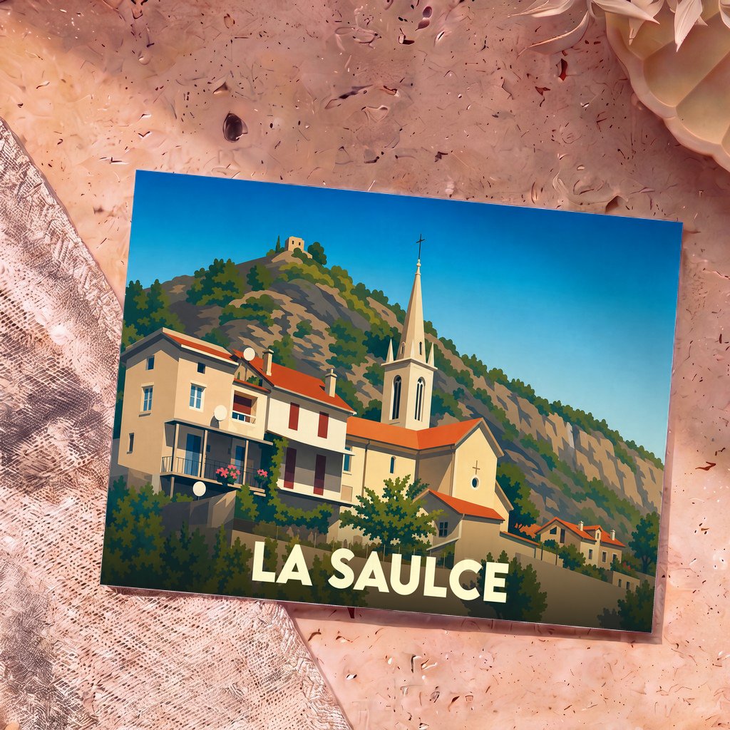 Carte postale souvenir de la ville de La Saulce avec une illustration stylisée de son église et de ses collines.