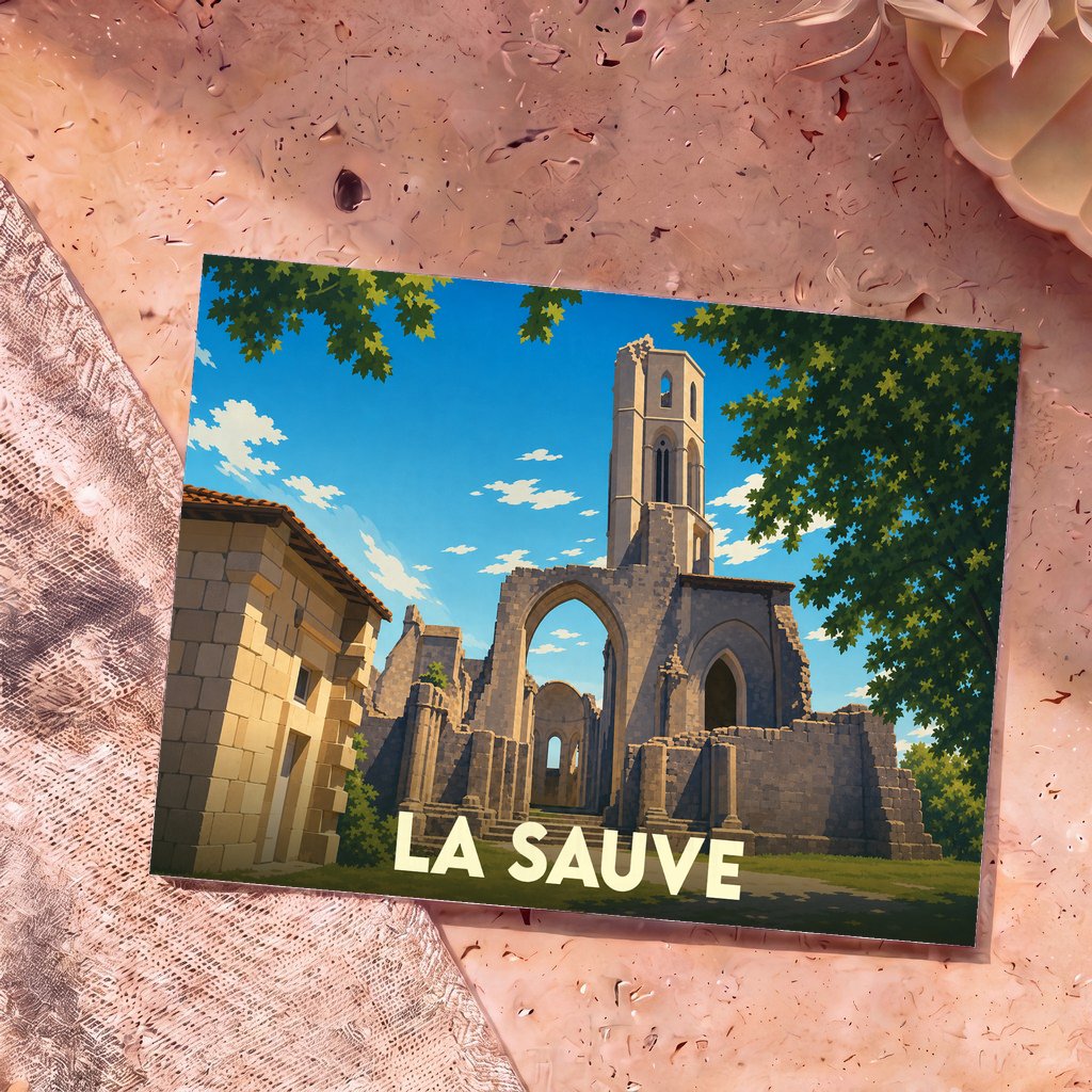 Carte postale souvenir de La Sauve illustrant l'abbaye de la ville avec un style graphique épuré.