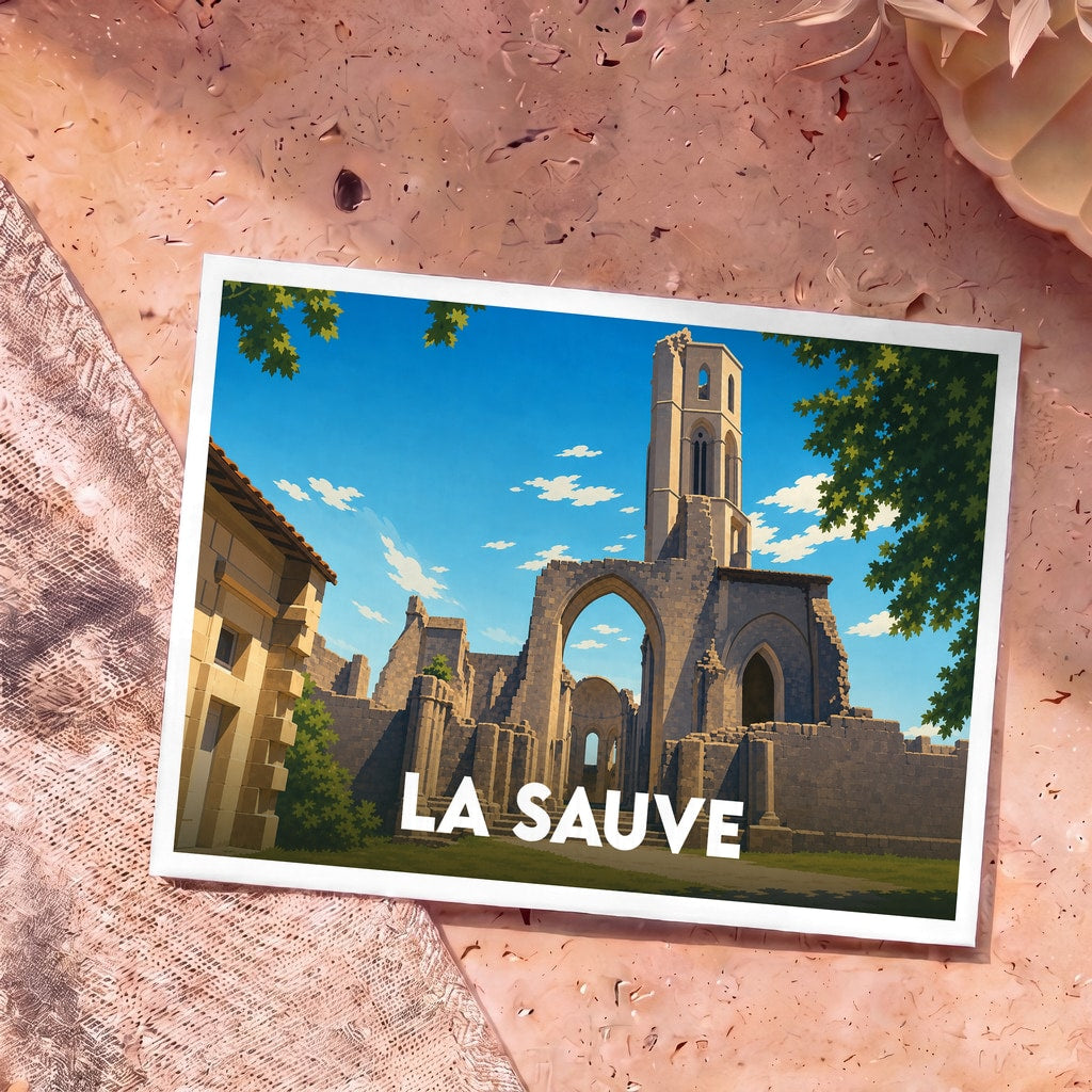 Carte postale souvenir de La Sauve illustrant l'abbaye de la ville avec un style graphique épuré.