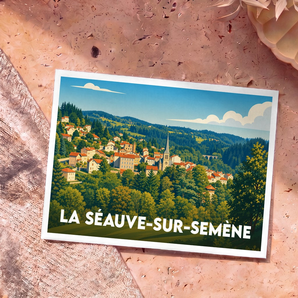 Carte postale souvenir de la ville de La Séauve-sur-Semène avec une illustration stylisée d'un village vallonné.