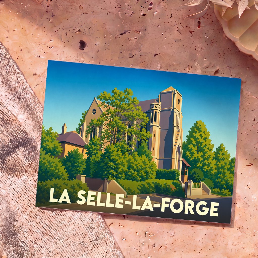 Carte postale souvenir de la ville de La Selle-la-Forge avec une illustration stylisée de son église entourée de verdure.