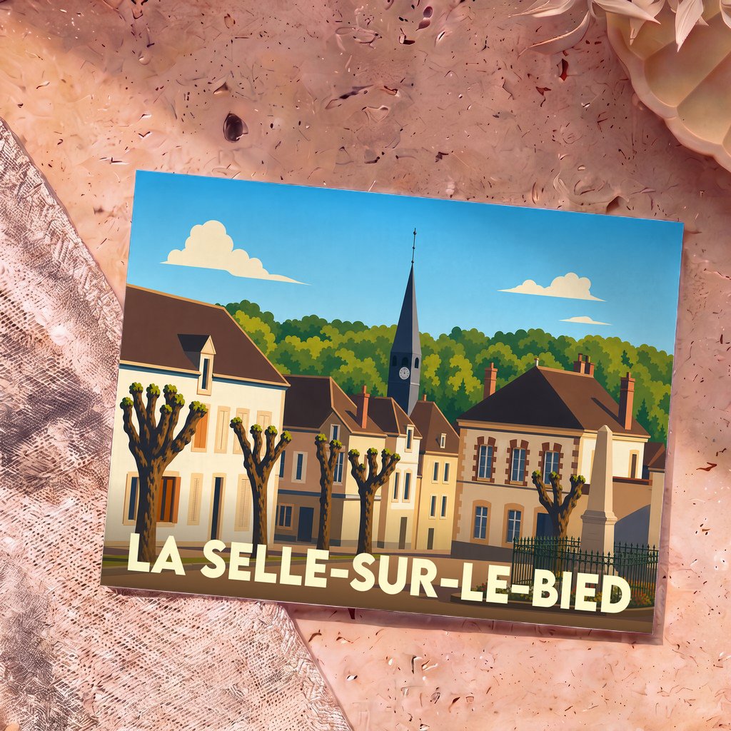 Carte postale souvenir de la ville de La Selle-sur-le-Bied avec une illustration stylisée.