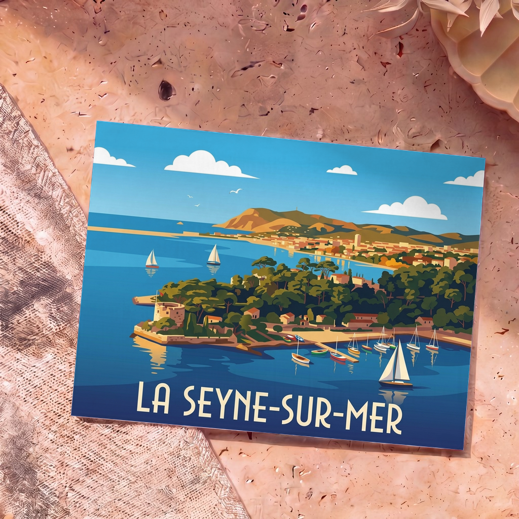 Carte postale souvenir de la ville de La Seyne-sur-Mer illustrant son littoral avec un style graphique rétro.
