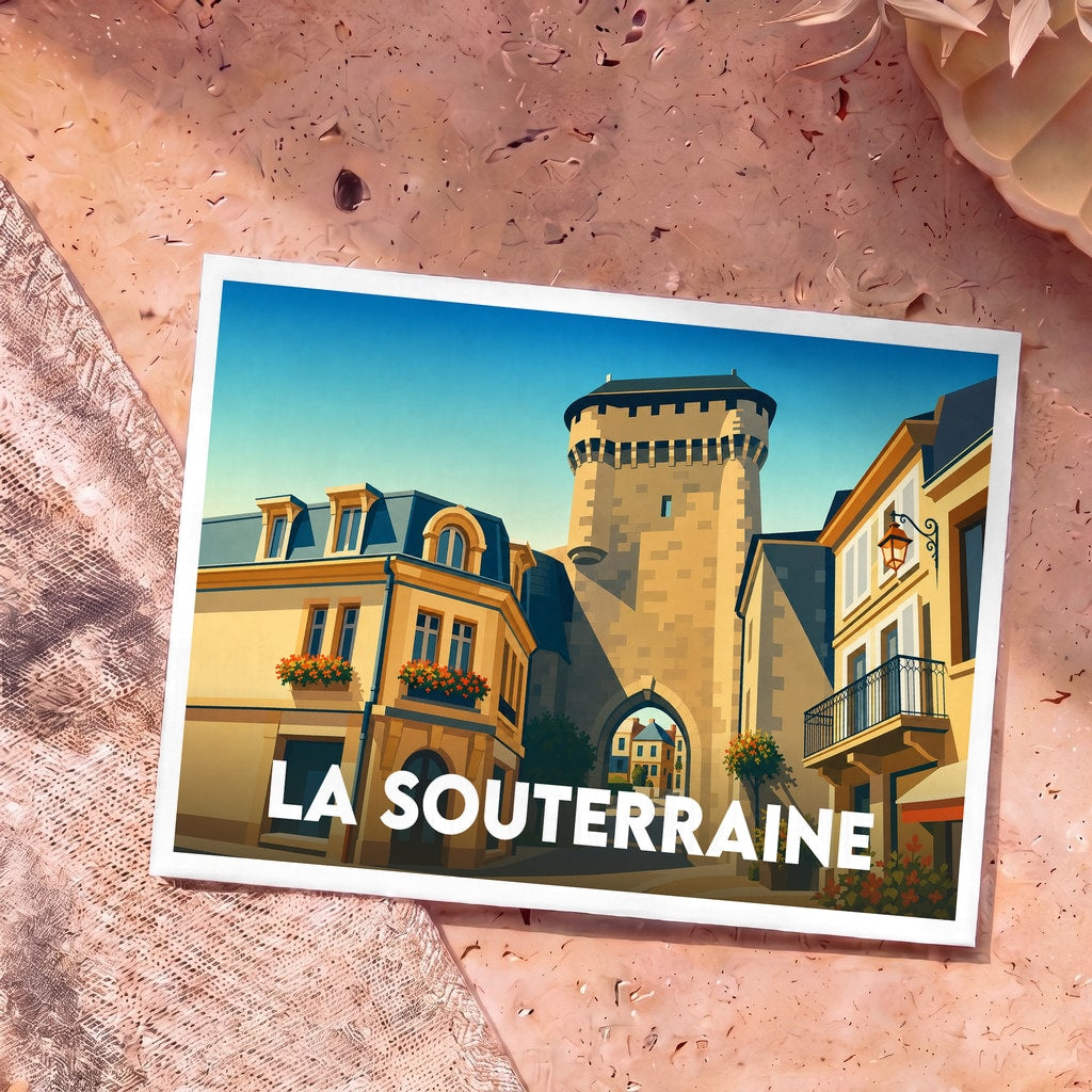 Carte postale souvenir de la ville de La Souterraine illustrant la porte Saint-Jean dans un style graphique épuré.