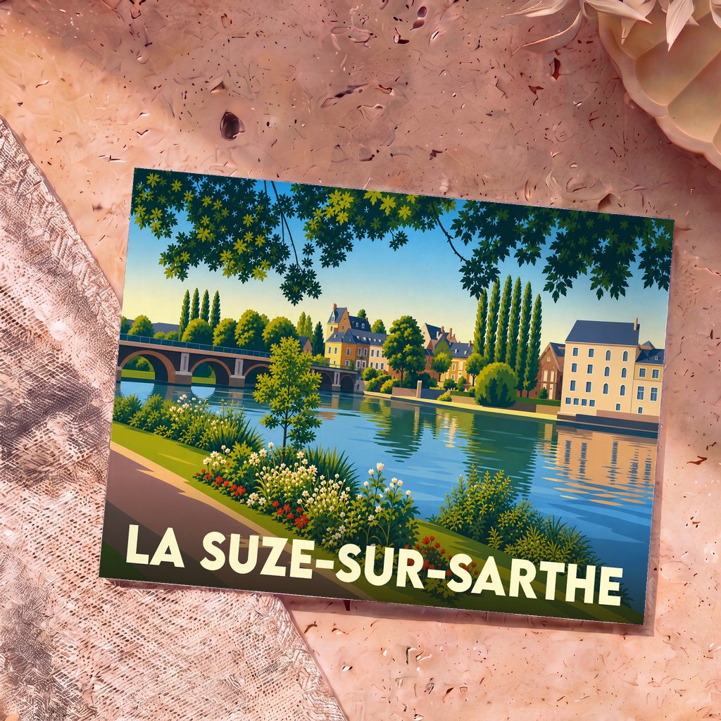 Carte postale souvenir de La Suze-sur-Sarthe illustrant un paysage fluvial coloré avec un pont et des bâtiments historiques.