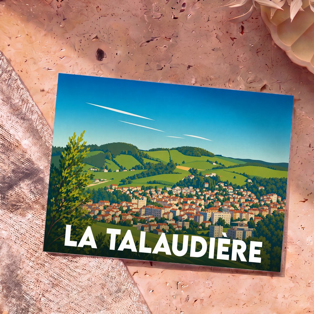 Carte postale souvenir de la ville de La Talaudière avec une illustration stylisée d'un paysage urbain et vallonné.