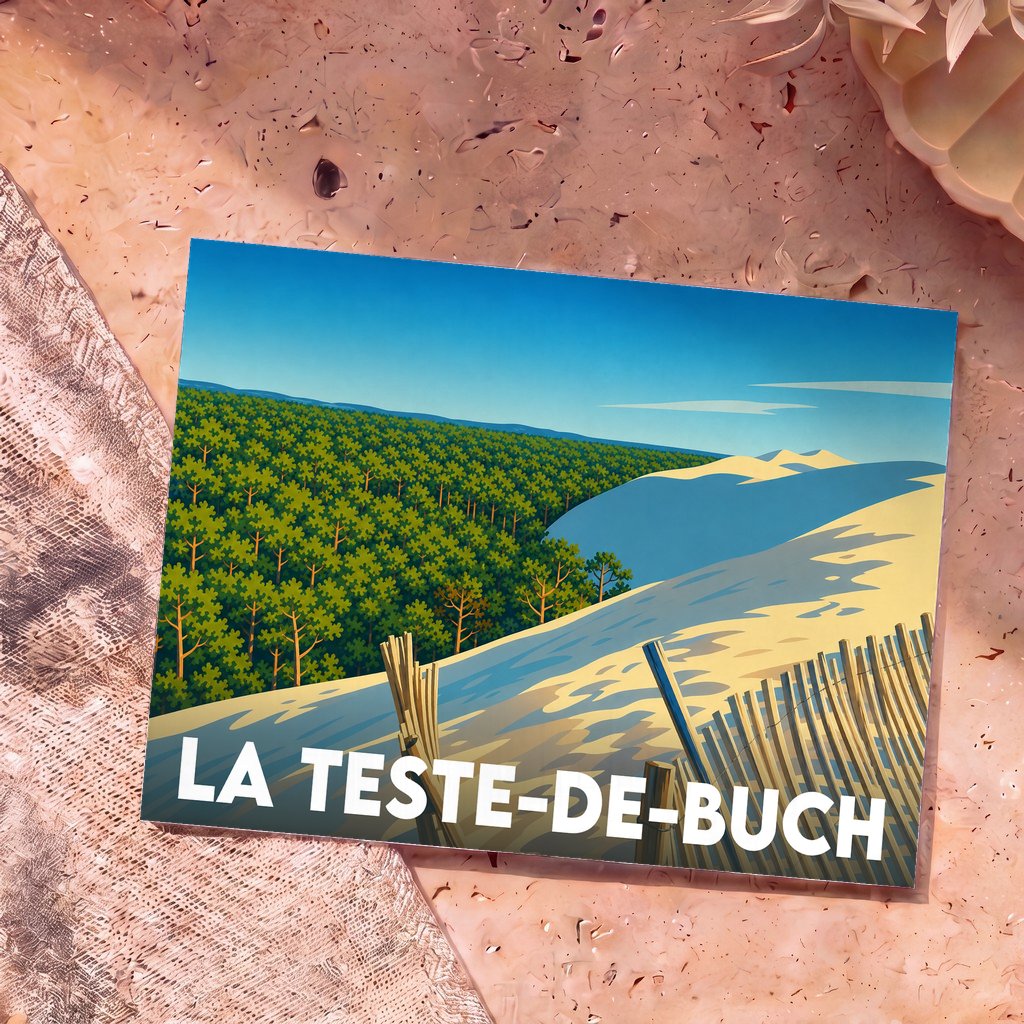 Carte postale souvenir de la ville de La Teste-de-Buch représentant la dune du Pilat et la forêt des Landes dans un style graphique épuré.