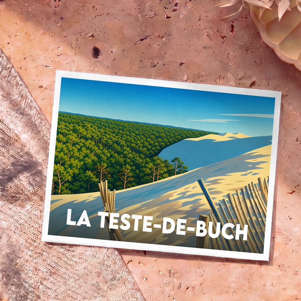 Carte postale souvenir de la ville de La Teste-de-Buch représentant la dune du Pilat et la forêt des Landes dans un style graphique épuré.