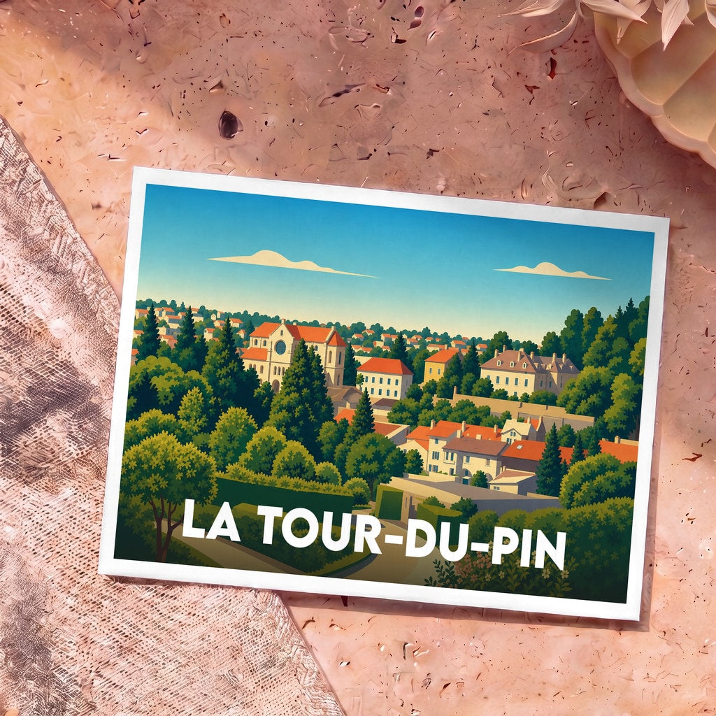 Carte postale souvenir de la ville de La Tour-du-Pin avec une illustration stylisée et colorée.