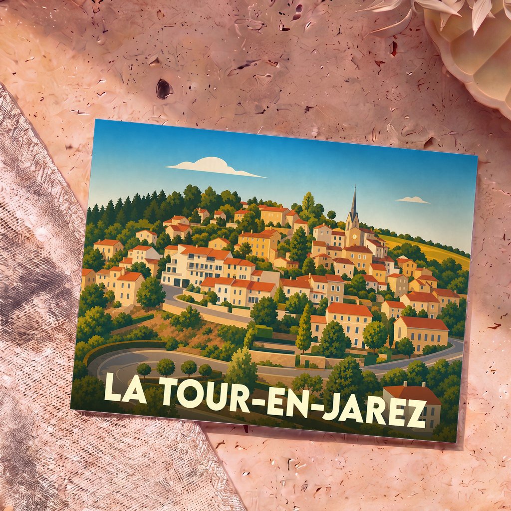 Carte postale souvenir de la ville de La Tour-en-Jarez avec une illustration stylisée d'un village perché.