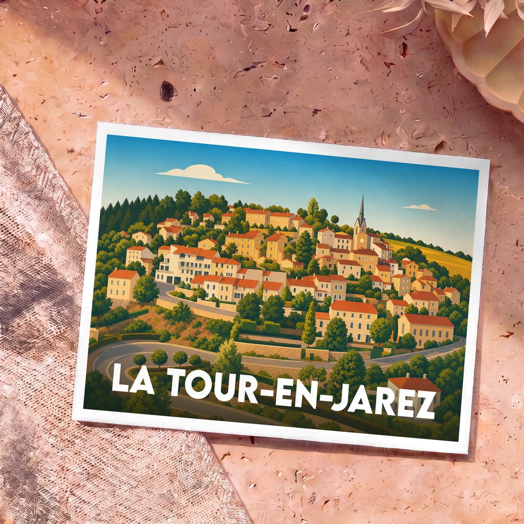 Carte postale souvenir de la ville de La Tour-en-Jarez avec une illustration stylisée d'un village perché.