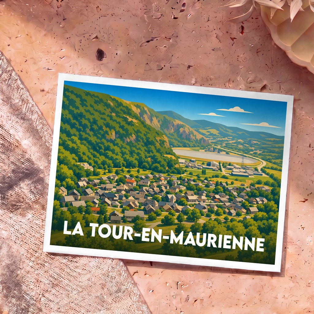 Carte postale souvenir de la ville de La Tour-en-Maurienne avec une illustration stylisée d'un paysage montagneux.