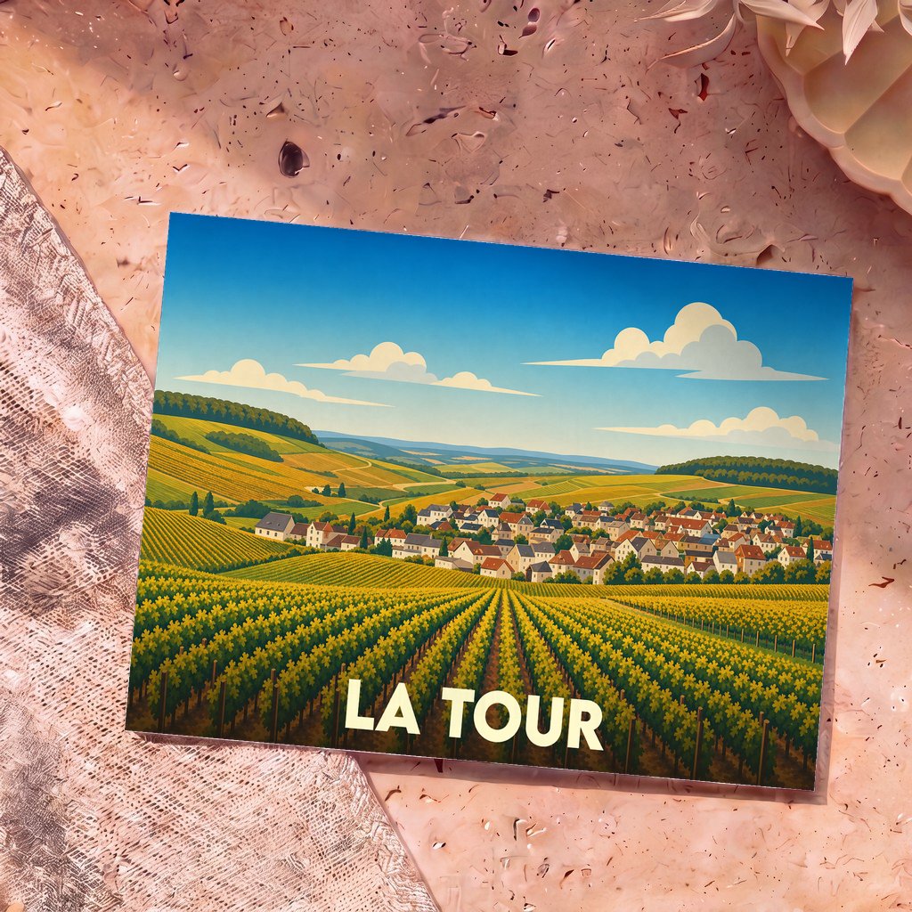 Carte postale souvenir de la ville de La Tour avec une illustration stylisée de vignobles et d'un village.