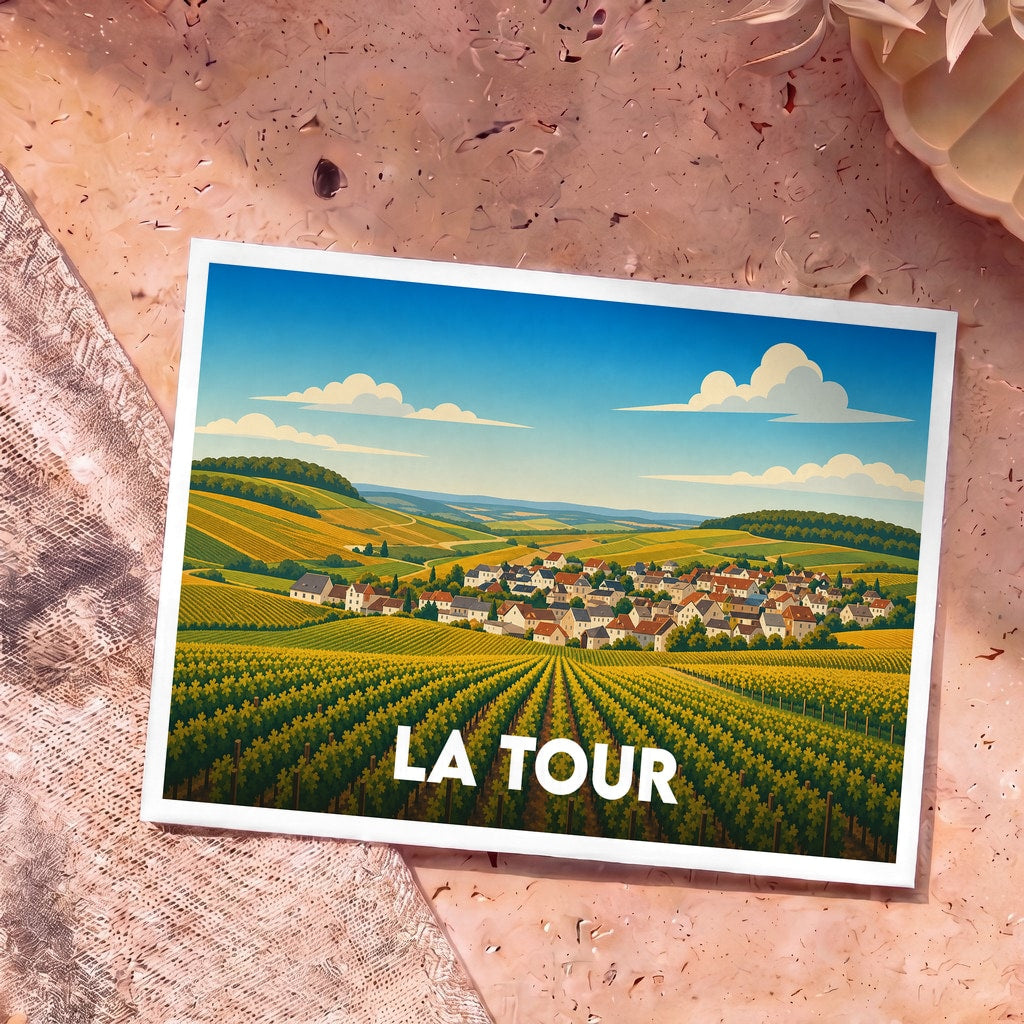Carte postale souvenir de la ville de La Tour avec une illustration stylisée de vignobles et d'un village.