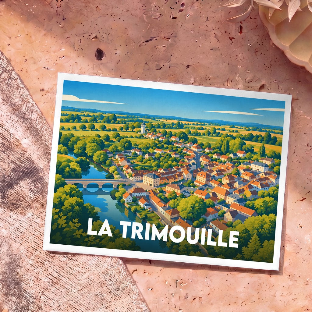 Carte postale souvenir de la ville de La Trimouille avec une illustration stylisée et colorée.
