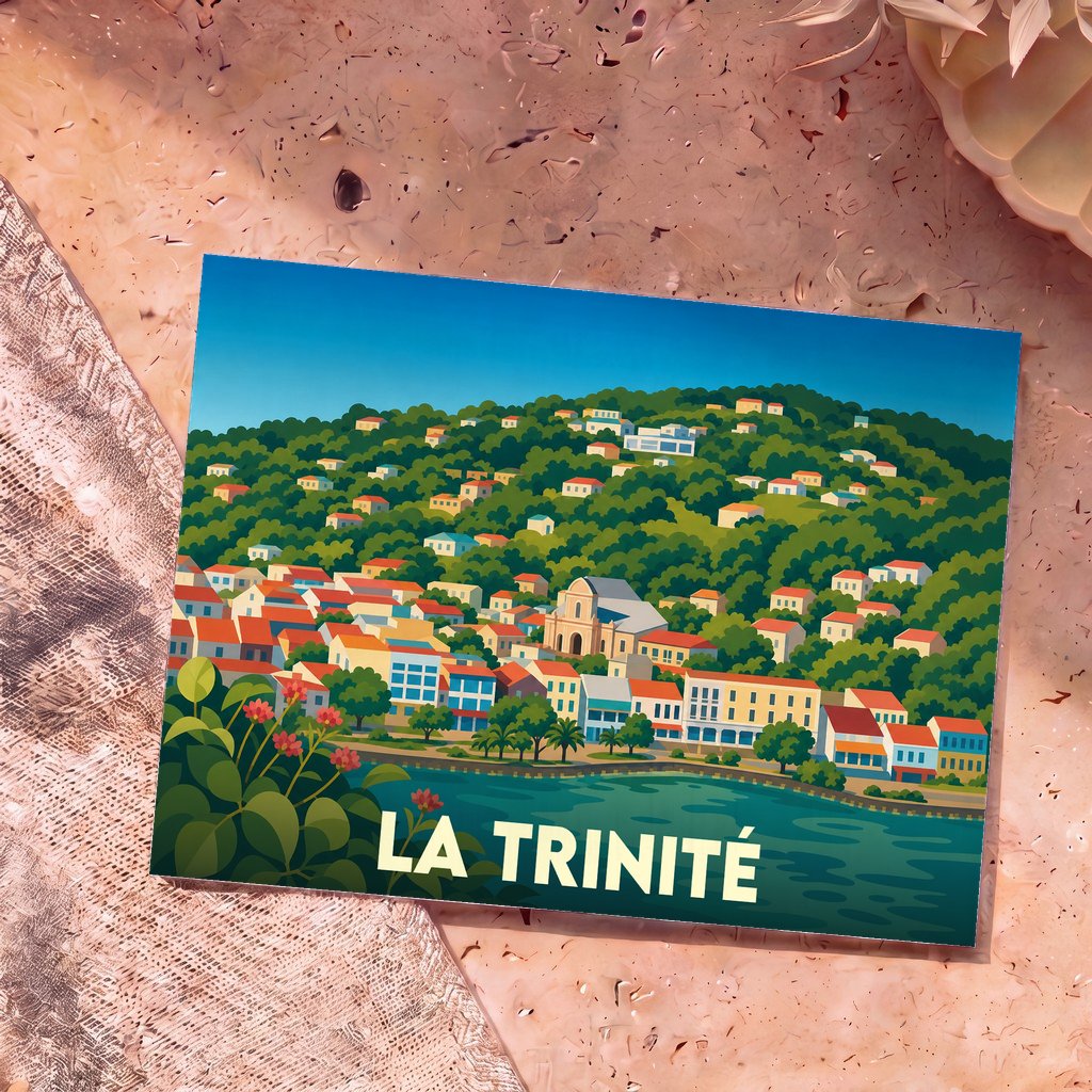 Carte postale souvenir de la ville de La Trinité avec une illustration stylisée d'un village coloré en bord de mer.