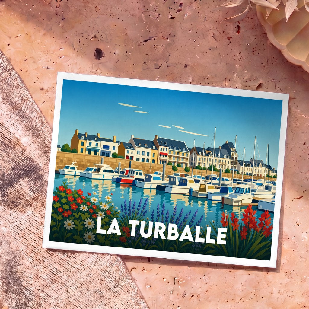 Carte postale souvenir de la ville de La Turballe avec une illustration stylisée de son port de plaisance fleuri.
