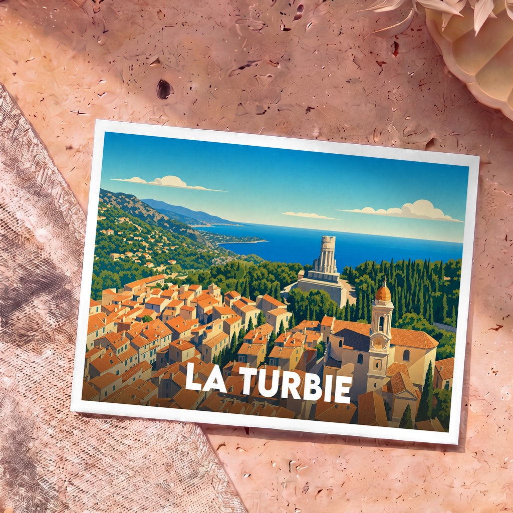 Carte postale souvenir de la ville de La Turbie avec une illustration stylisée.