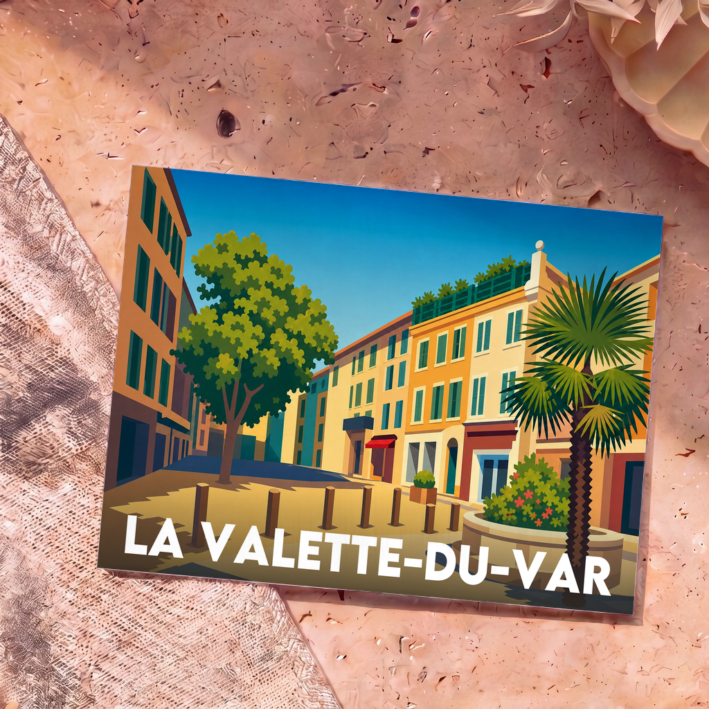Carte postale souvenir de la ville de La Valette-du-Var avec une illustration stylisée d'une place ensoleillée.