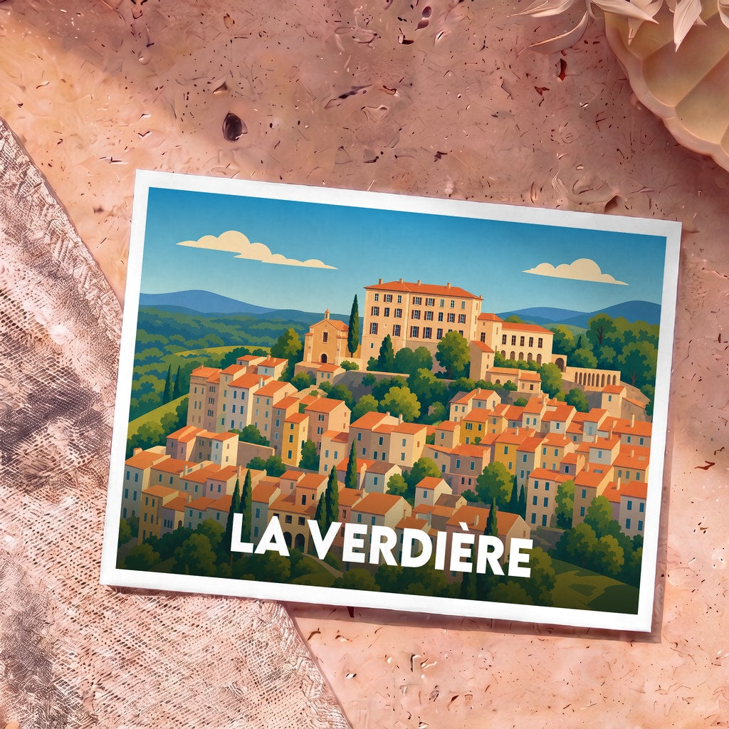 Carte postale souvenir de la ville de La Verdière avec une illustration stylisée.