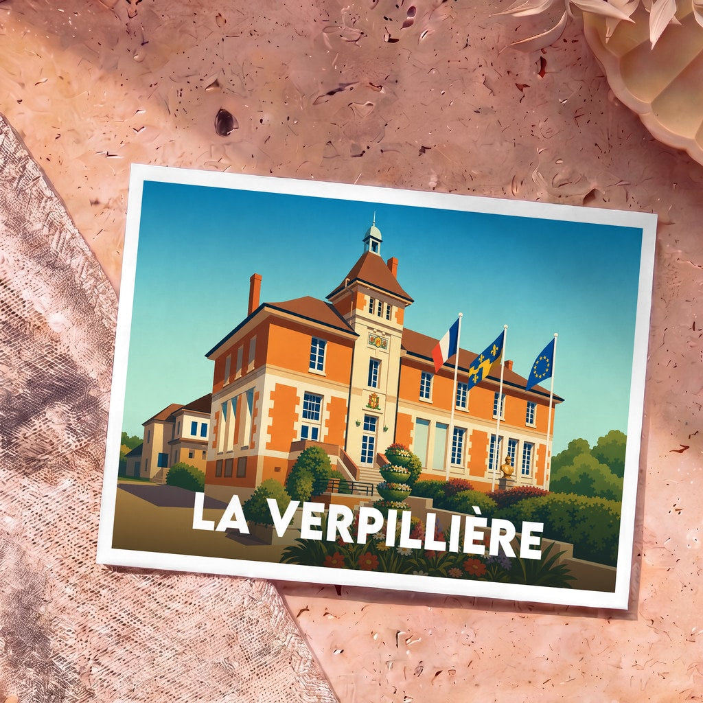 Carte postale souvenir de la ville de La Verpillière avec une illustration stylisée de son hôtel de ville.
