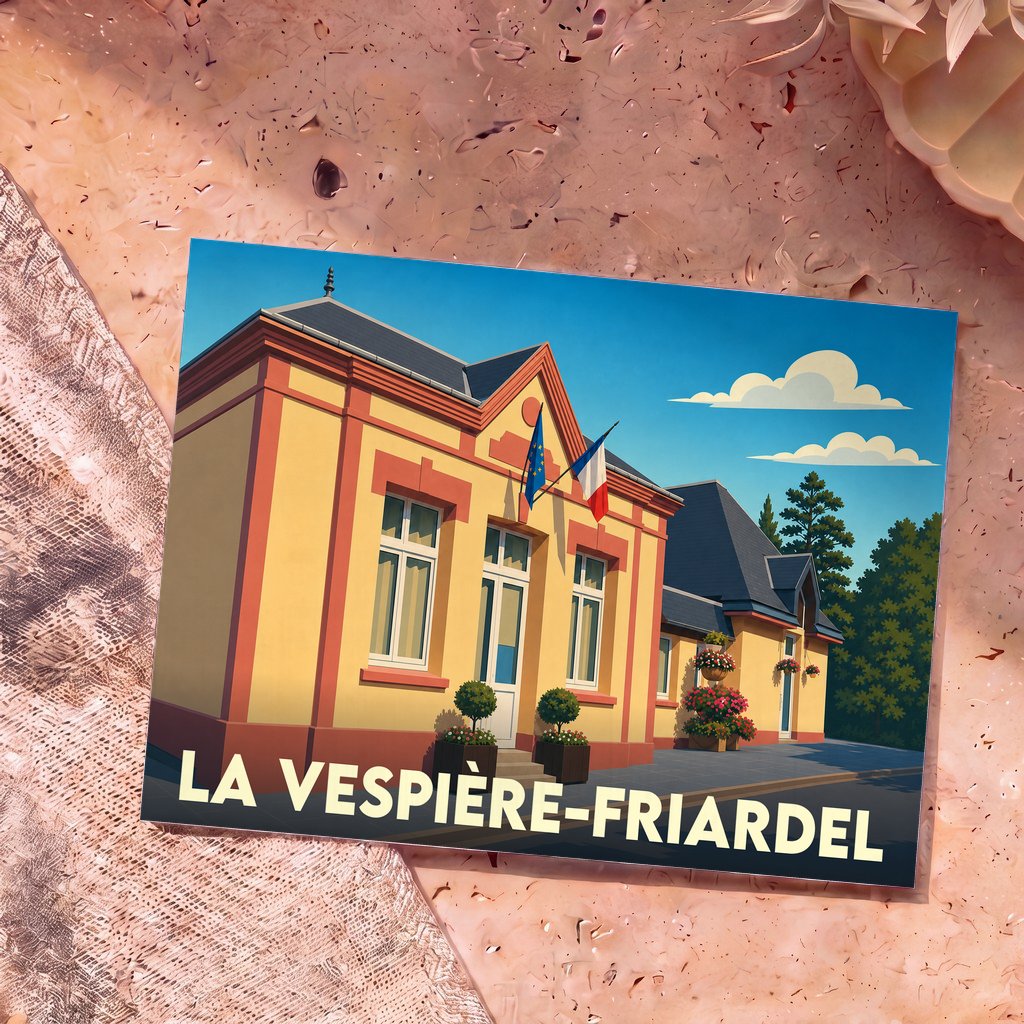 Carte postale souvenir de la ville de La Vespière-Friardel avec une illustration stylisée de sa mairie.