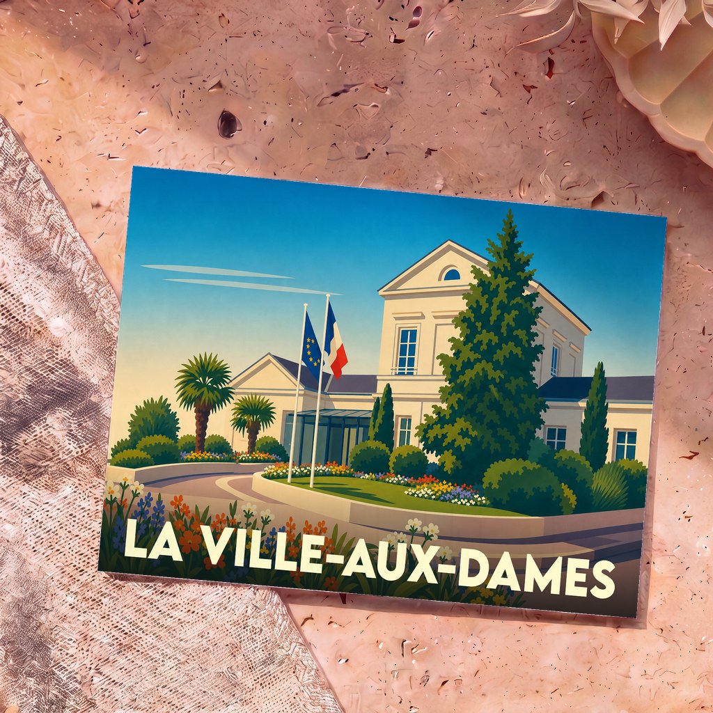 Carte postale souvenir de la ville de La Ville-aux-Dames avec une illustration stylisée de sa mairie fleurie.