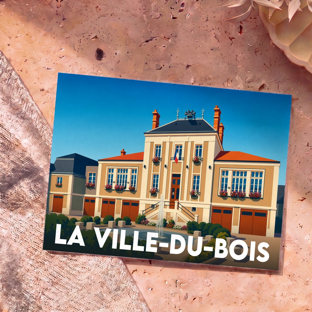 Carte postale souvenir de La Ville-du-Bois illustrée d'une grande demeure élégante avec fontaine.