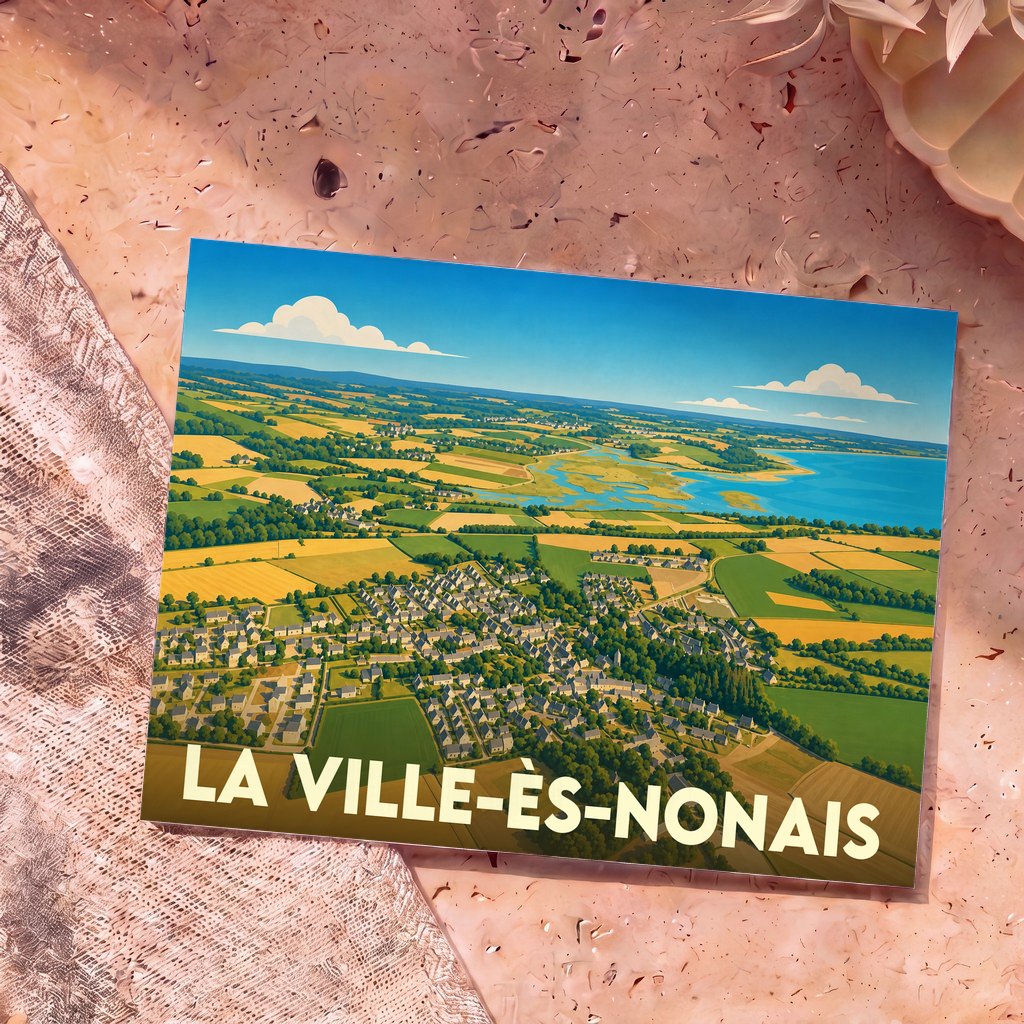 Carte postale souvenir de La Ville-ès-Nonais illustrant une vue aérienne stylisée de la commune et de l'estuaire.