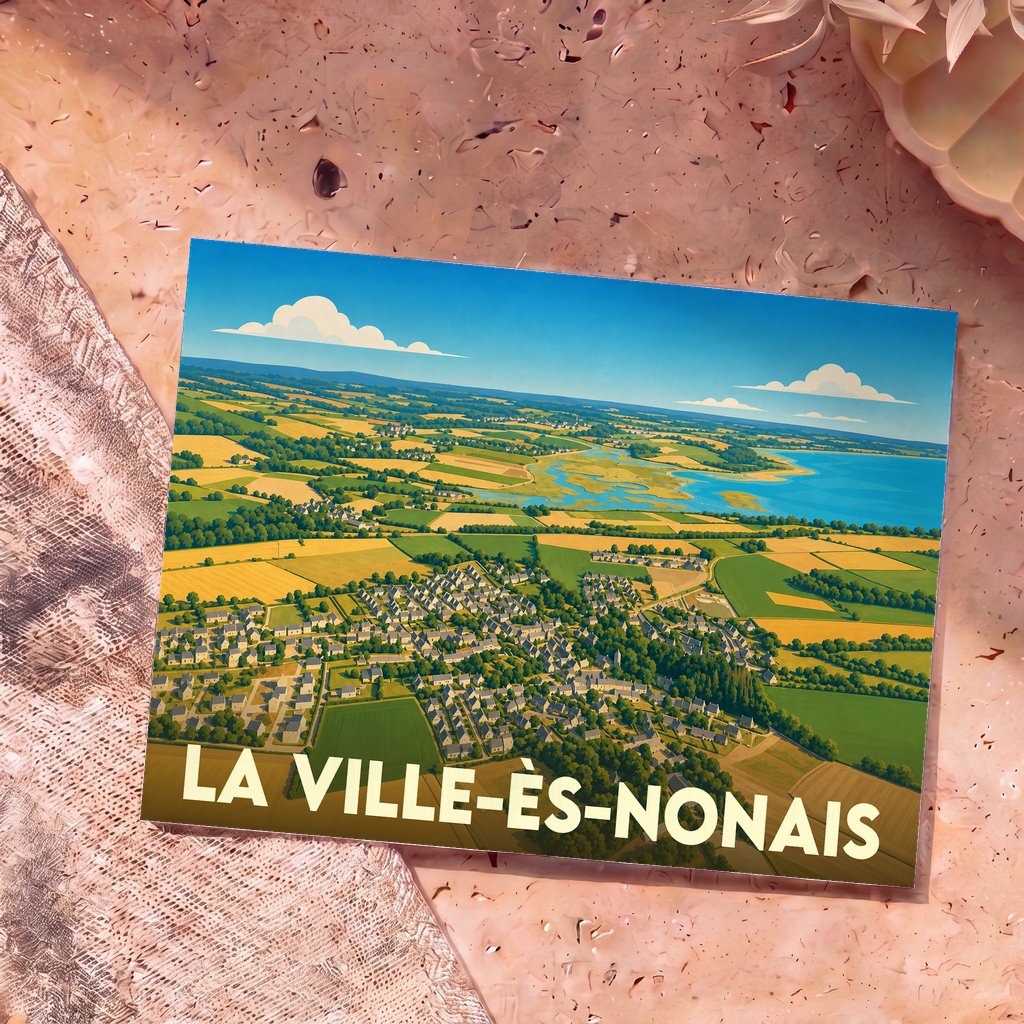 Carte postale souvenir de La Ville-ès-Nonais illustrant un paysage de campagne en bord de mer dans un style graphique épuré.