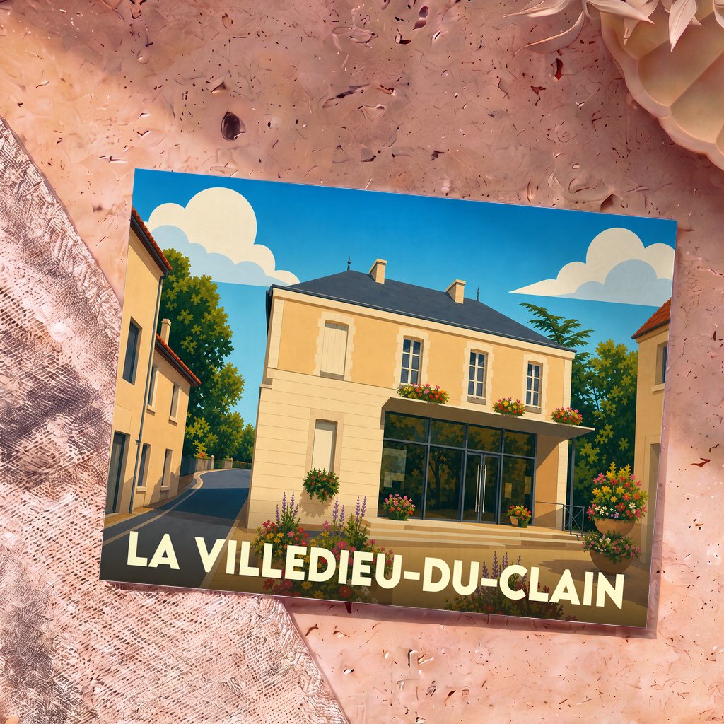 Carte postale souvenir de La Villedieu-du-Clain illustrant la mairie dans un style graphique épuré et coloré.