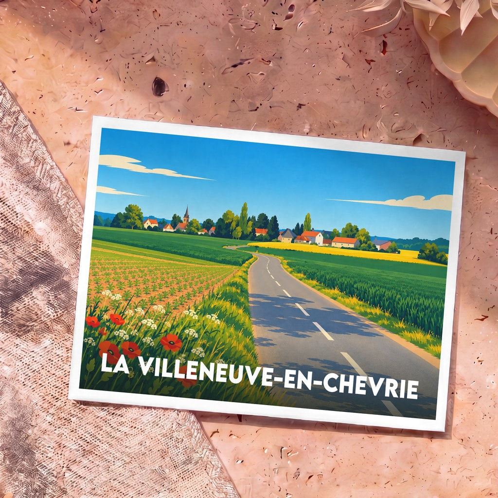 Carte postale souvenir de la ville de La Villeneuve-en-Chevrie illustrant un paysage champêtre stylisé.
