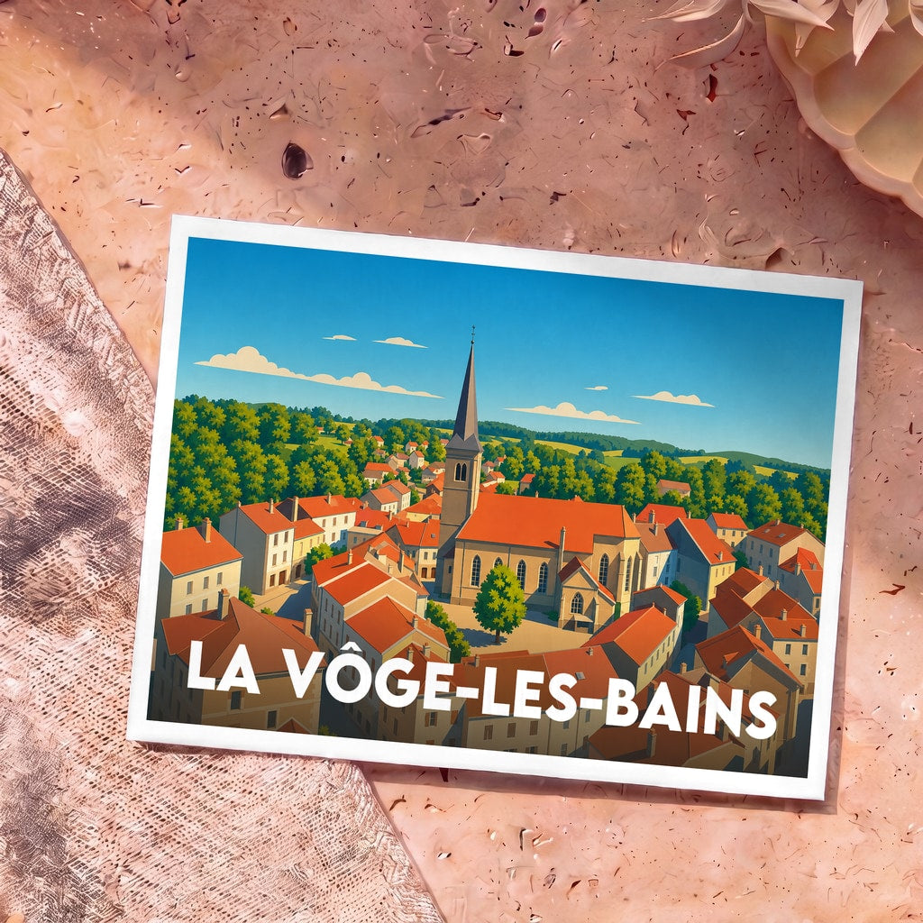 Carte postale souvenir de la ville de La Vôge-les-Bains avec une illustration stylisée du village et de son église.