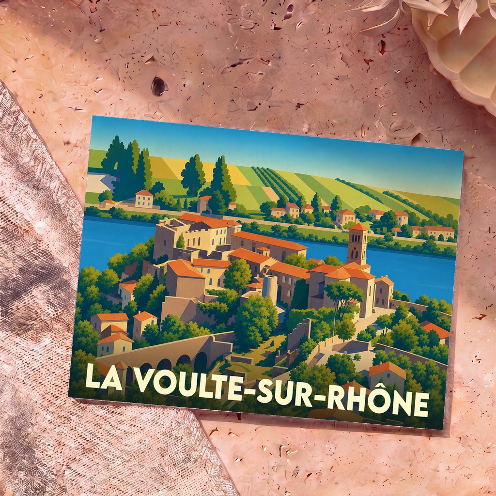Carte postale souvenir de la ville de La Voulte-sur-Rhône avec une illustration stylisée et colorée.