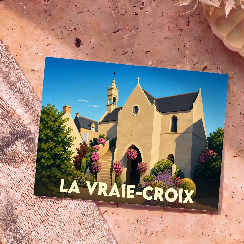Carte postale souvenir de la ville de La Vraie-Croix illustrant sa chapelle fleurie sous un ciel bleu.
