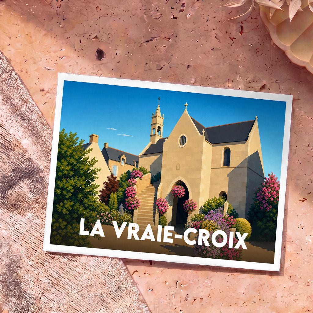 Carte postale souvenir de la ville de La Vraie-Croix illustrant sa chapelle fleurie sous un ciel bleu.