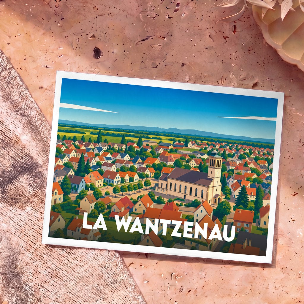 Carte postale souvenir de la ville de La Wantzenau avec une illustration stylisée.