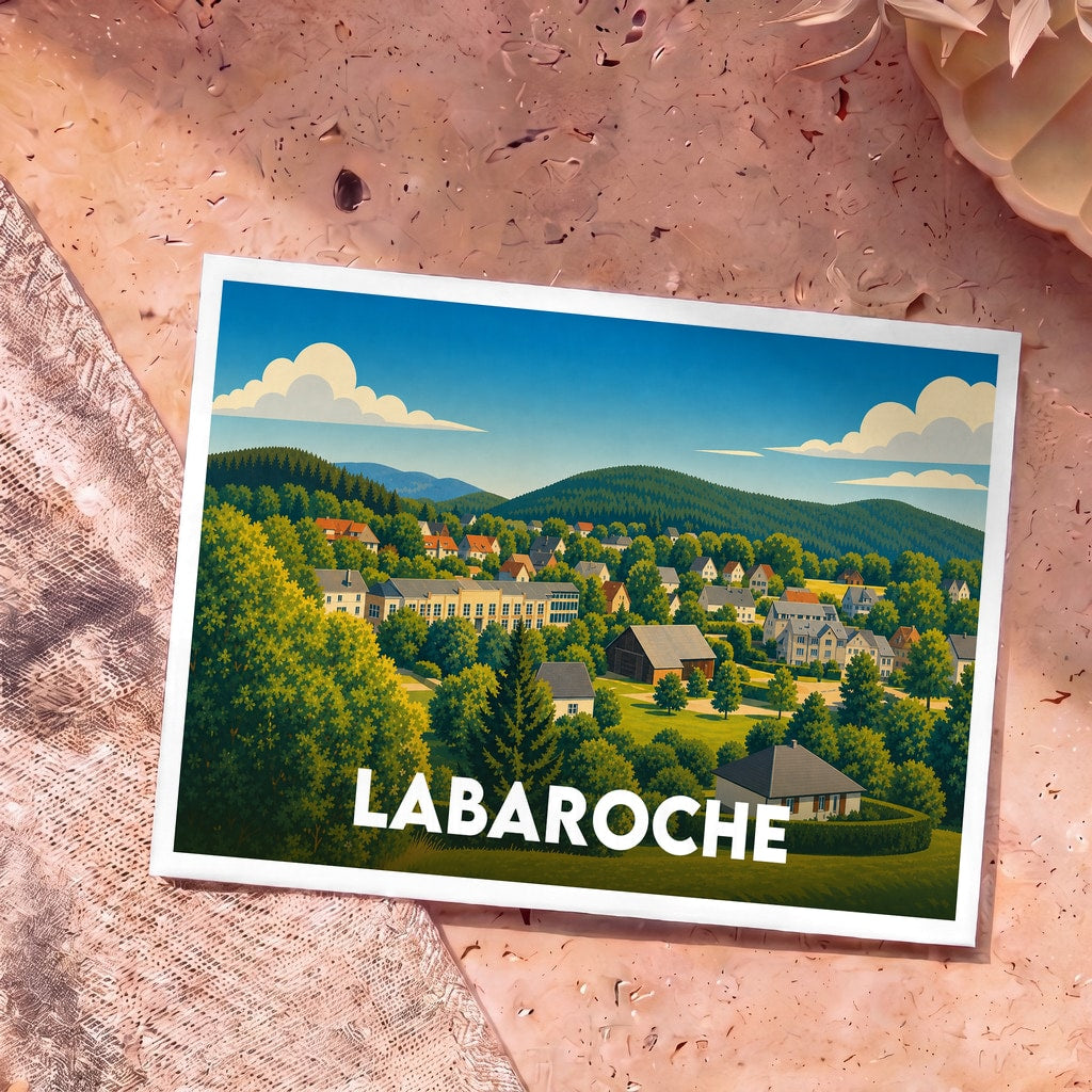 Carte postale souvenir de la ville de Labaroche avec une illustration stylisée de ses paysages verdoyants.