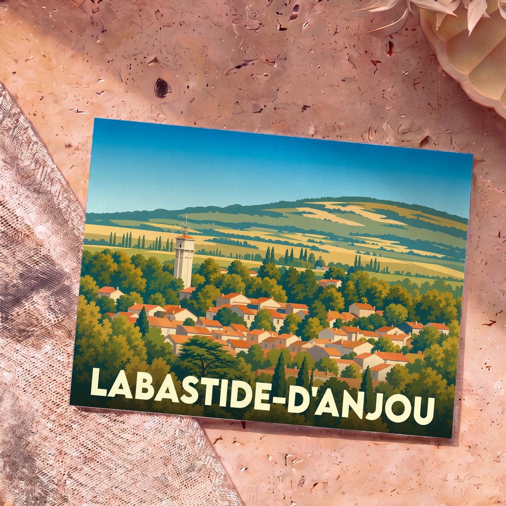 Carte postale souvenir de la ville de Labastide-d'Anjou avec une illustration panoramique stylisée.