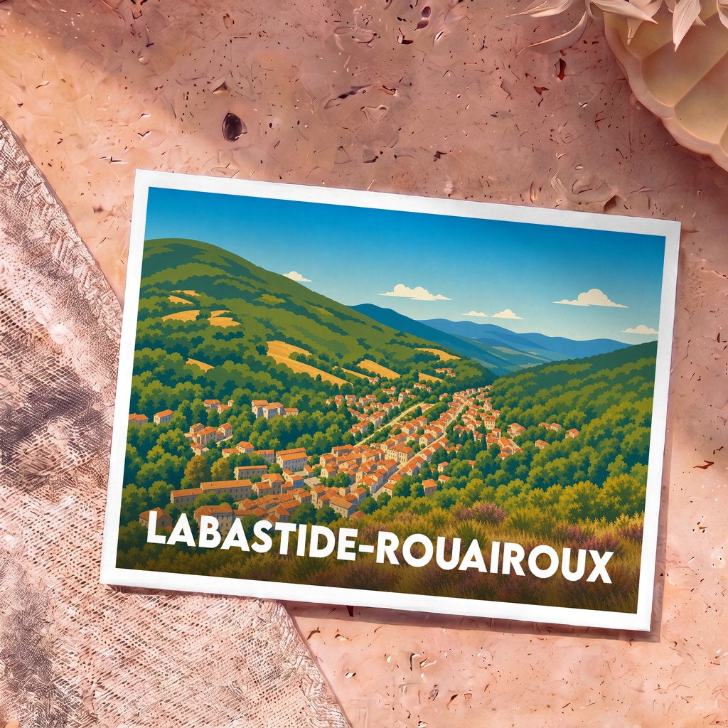 Carte postale souvenir de la ville de Labastide-Rouairoux avec une illustration stylisée de la commune nichée dans une vallée verdoyante.