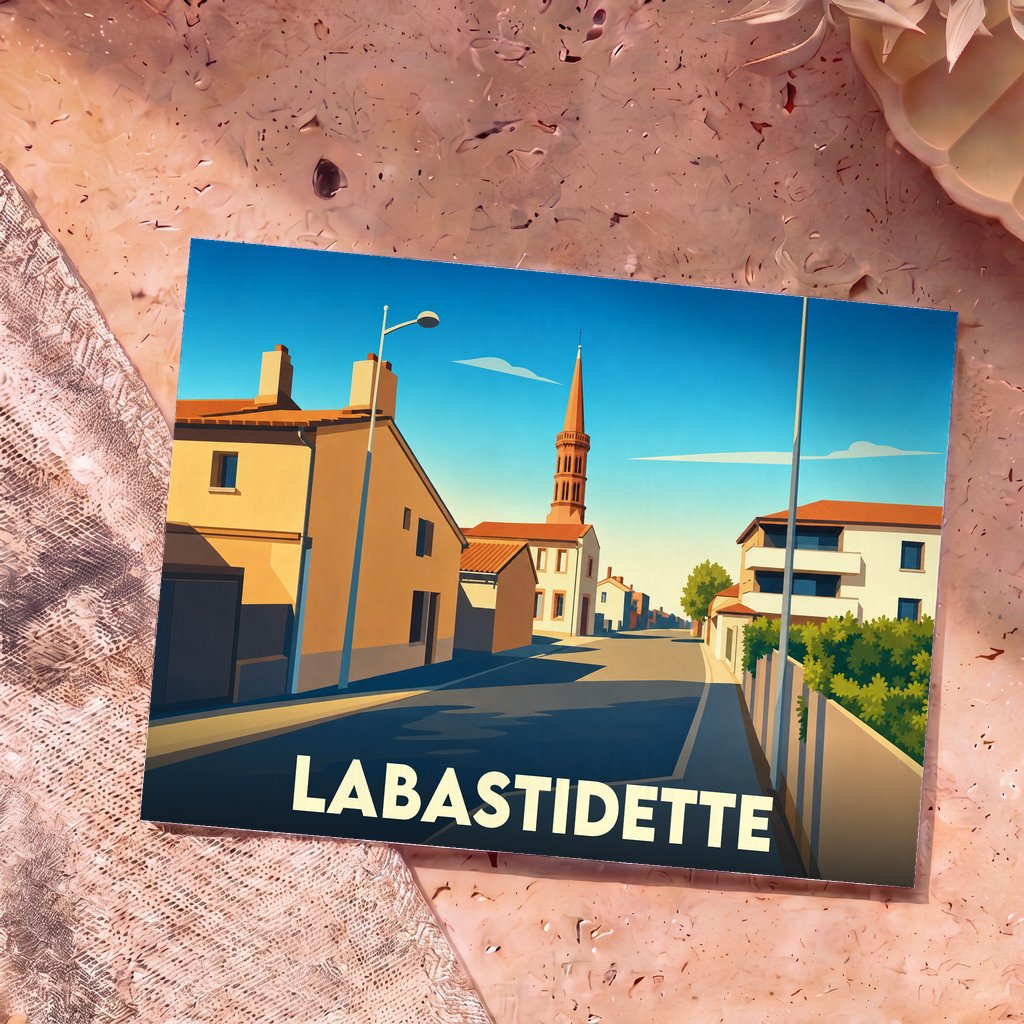 Carte postale souvenir de la ville de Labastidette avec une illustration stylisée.