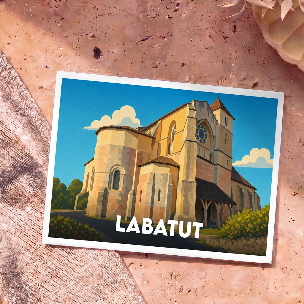 Carte postale souvenir de la ville de Labatut représentant une illustration stylisée de son église sous un ciel bleu.