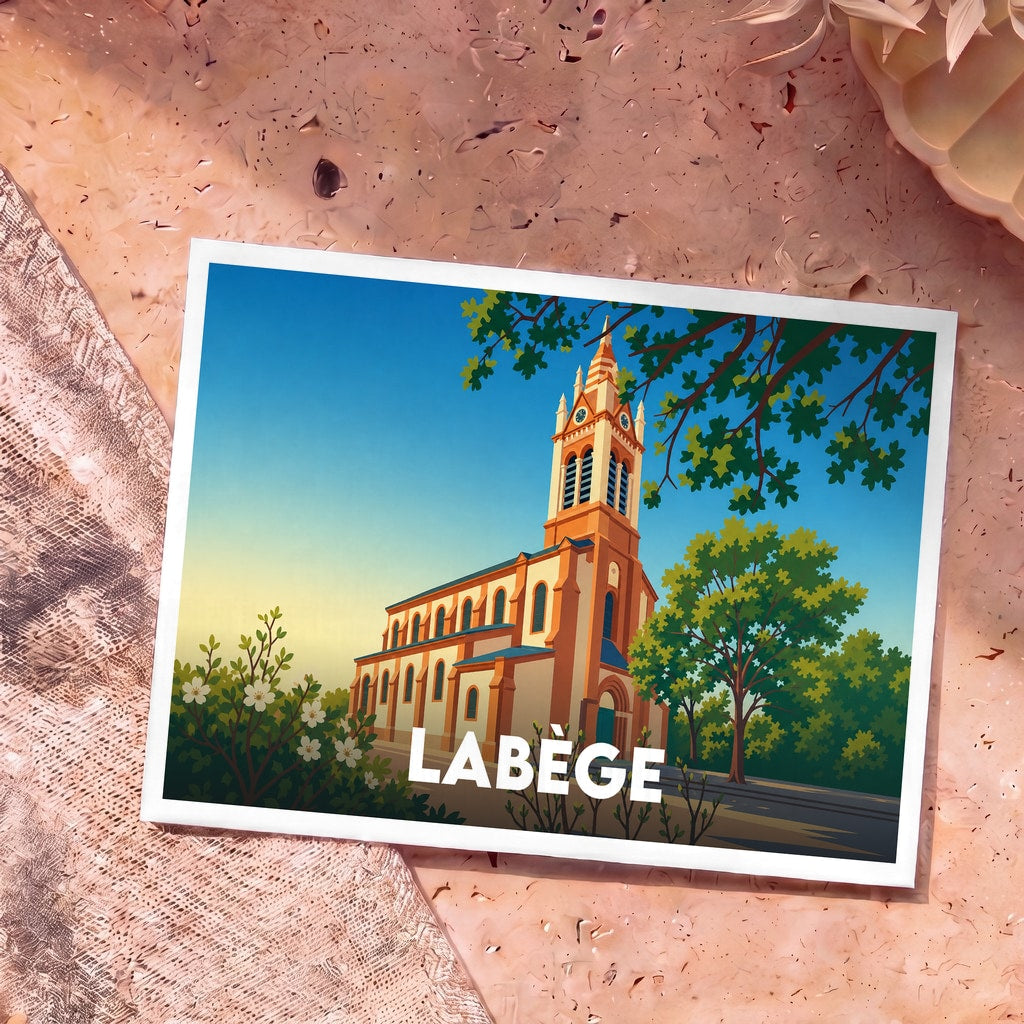 Carte postale souvenir de la ville de Labège avec une illustration stylisée de son église sous un ciel azur.