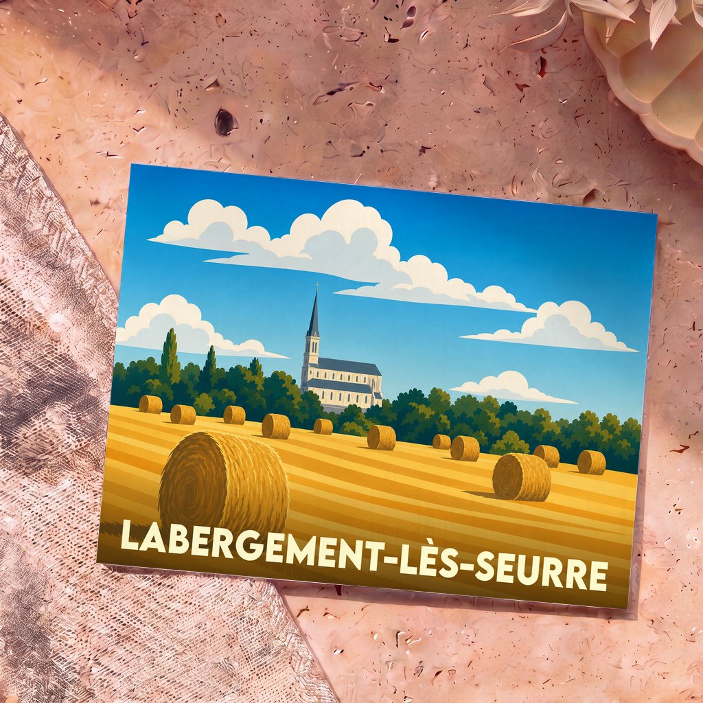 Carte postale souvenir de la ville de Labergement-lès-Seurre avec une illustration stylisée d'un champ de meules de foin devant une église.