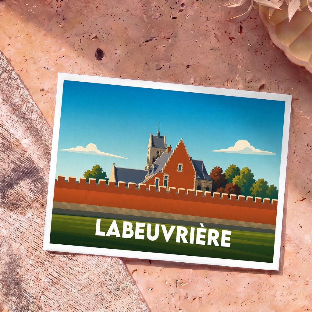 Carte postale souvenir de la ville de Labeuvrière avec une illustration stylisée.