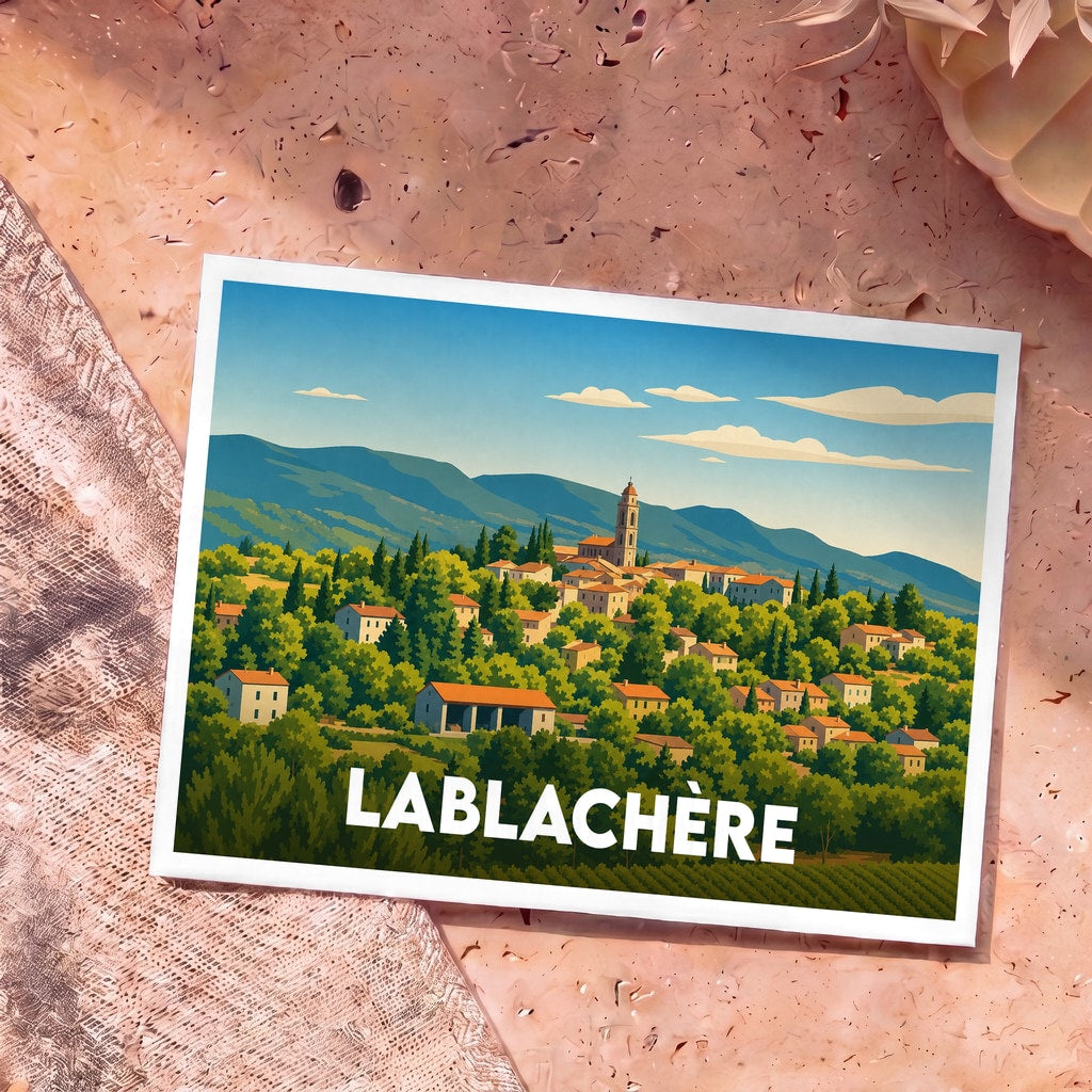 Carte postale souvenir de la ville de Lablachère avec une illustration stylisée.