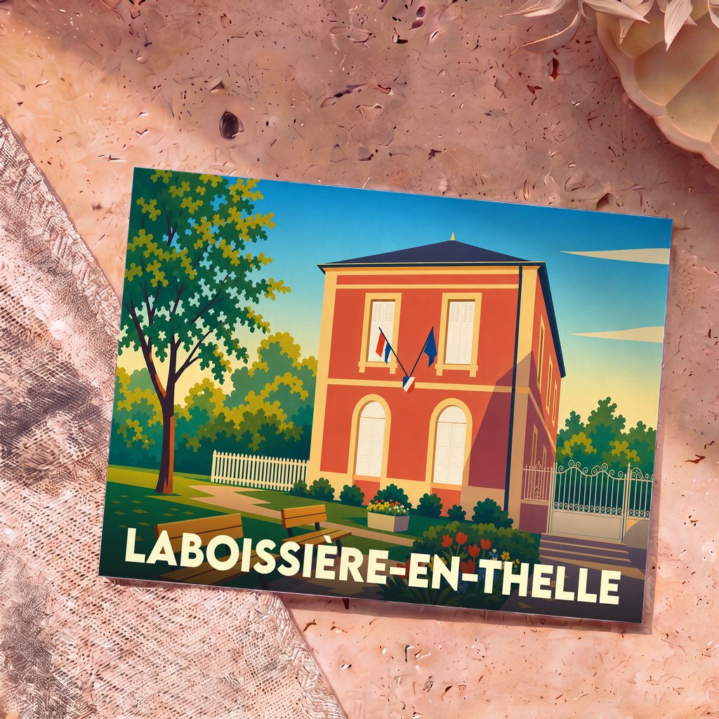 Carte postale souvenir de la ville de Laboissière-en-Thelle avec une illustration stylisée de sa mairie.