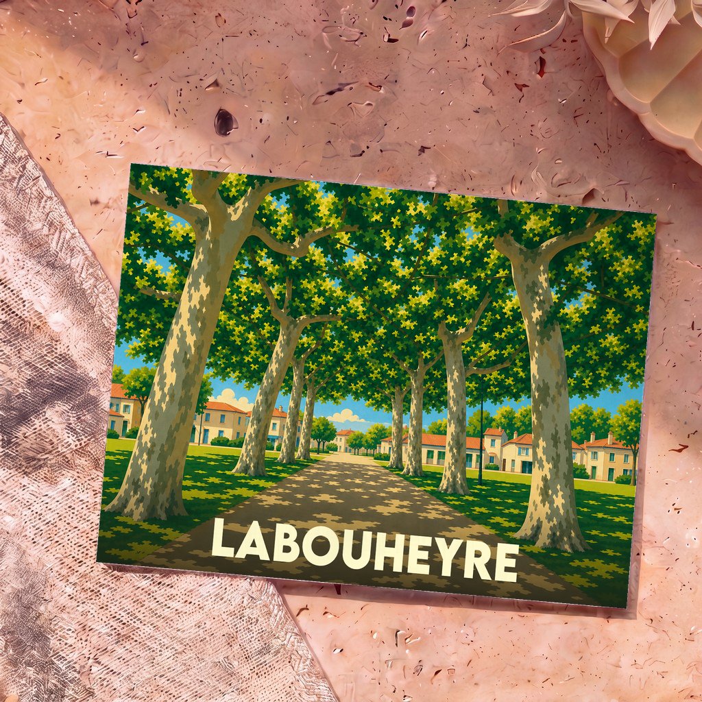 Carte postale souvenir de la ville de Labouheyre illustrant une allée d'arbres stylisée et ensoleillée.