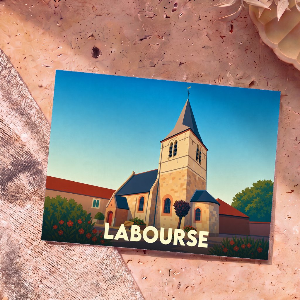 Carte postale souvenir de la ville de Labourse avec une illustration stylisée de son église.